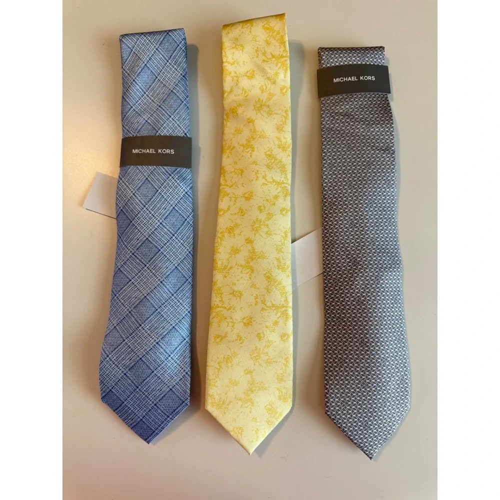 Michael Kors 100% Silk Tie Lot 3 Blue Yellow Gray‎ NWT Designer Luxury Work Wear